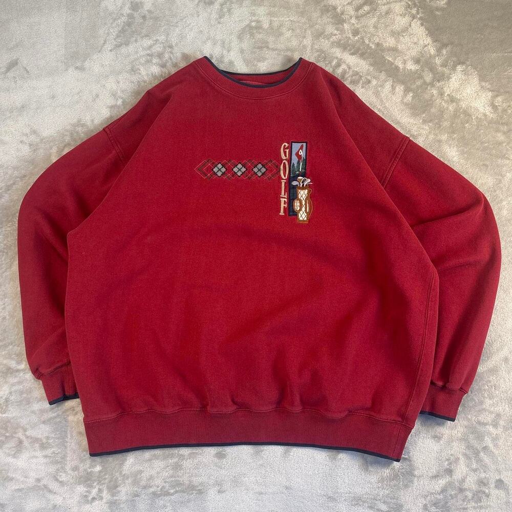 Vintage 90s Golf Embroidered Crewneck Sweatshirt Red Oversized XXL